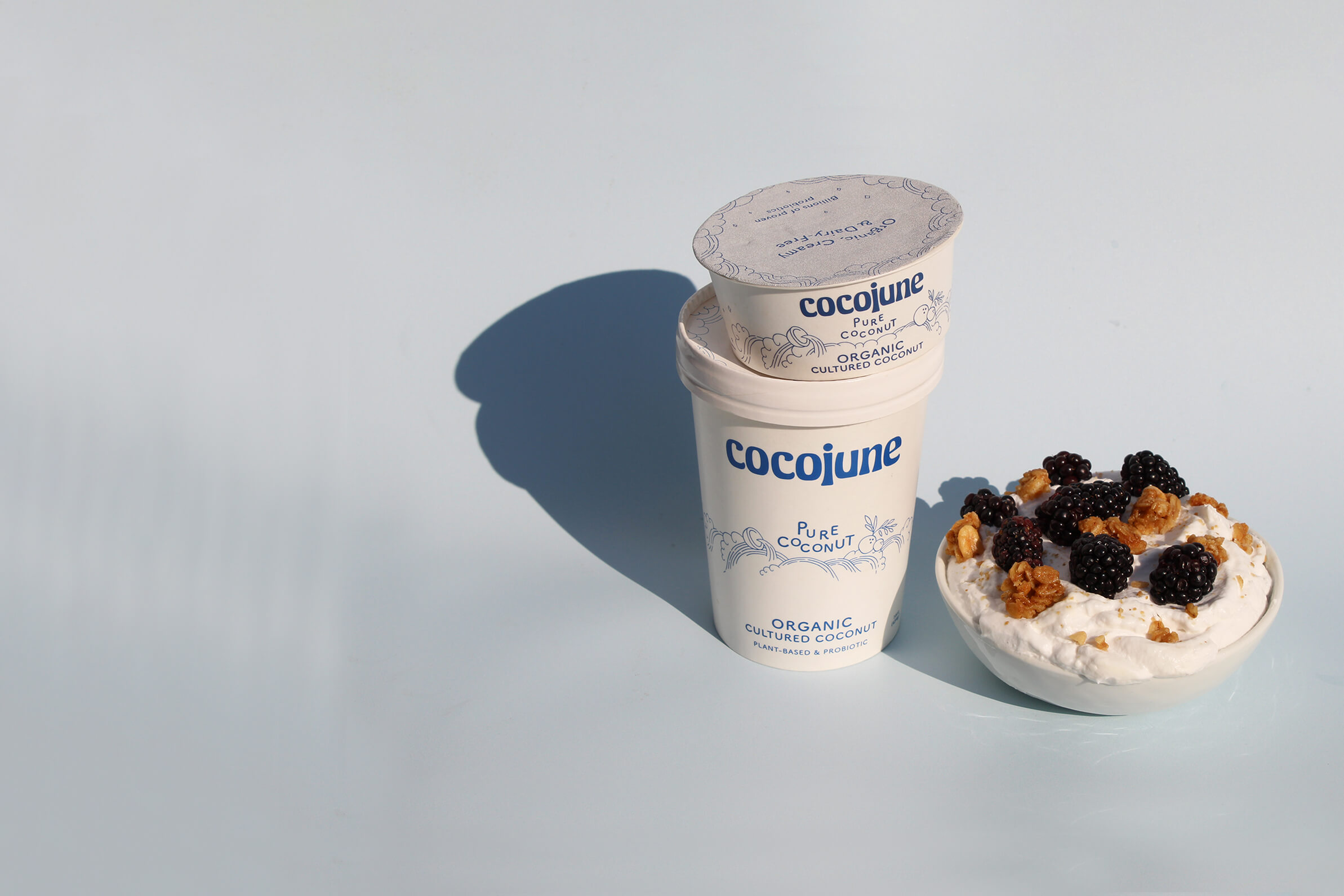 Pure Coconut 4oz and 16oz next to a dreamily delicious yogurt bowl.